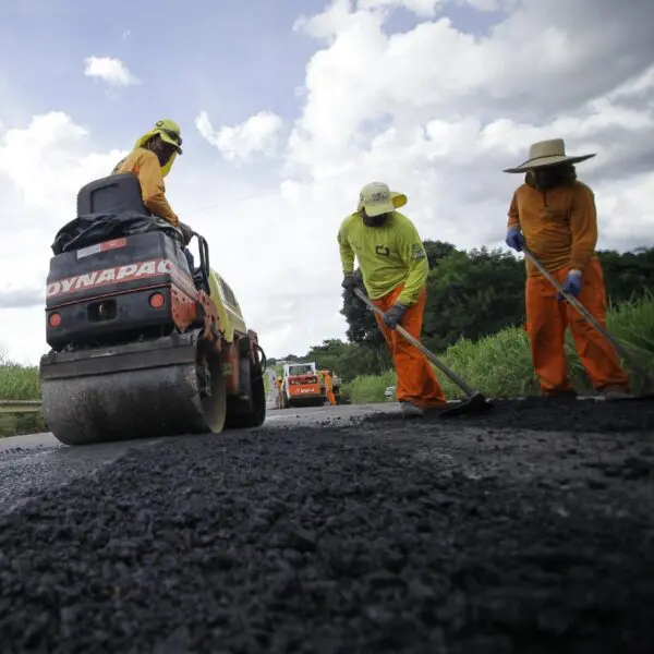 Trabalhadores executando manutenção em rodovia