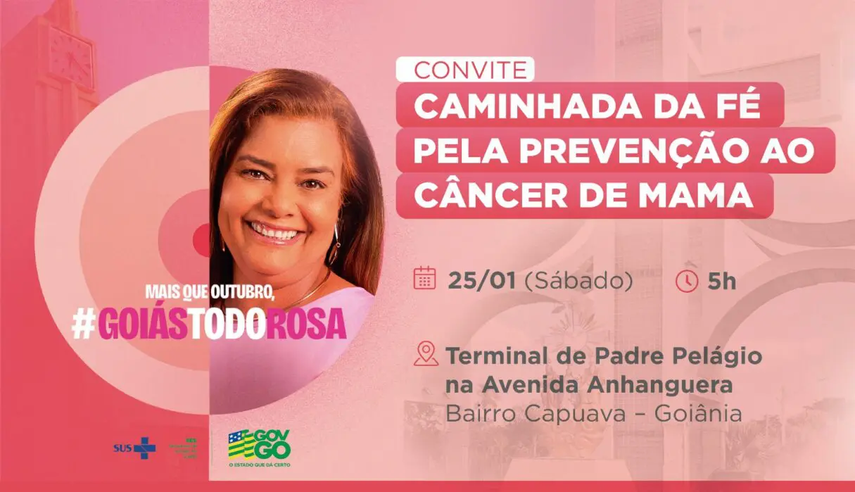 Arte de divulgação do Goiás Todo Rosa - caminhada pela prevenção ao Cãncer de Mama