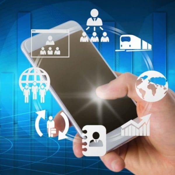 composite of hand using smartphone with graphics