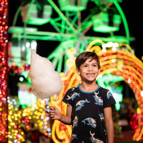 Garotinho em frente à roda-gigante do Natal do Bem