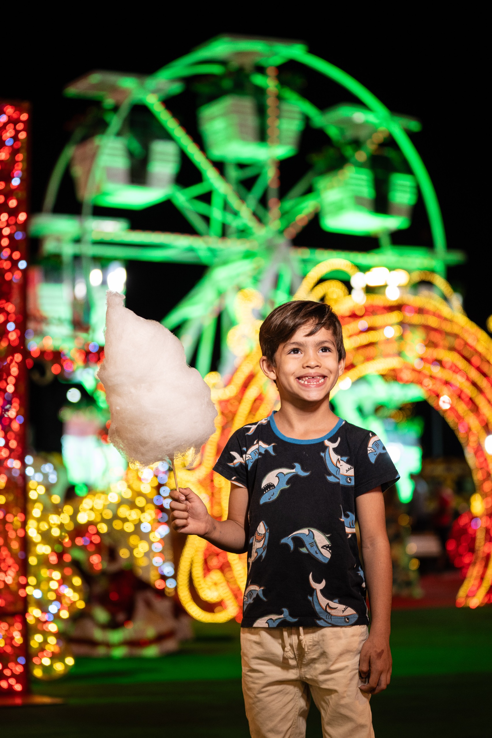 Garotinho em frente à roda-gigante do Natal do Bem